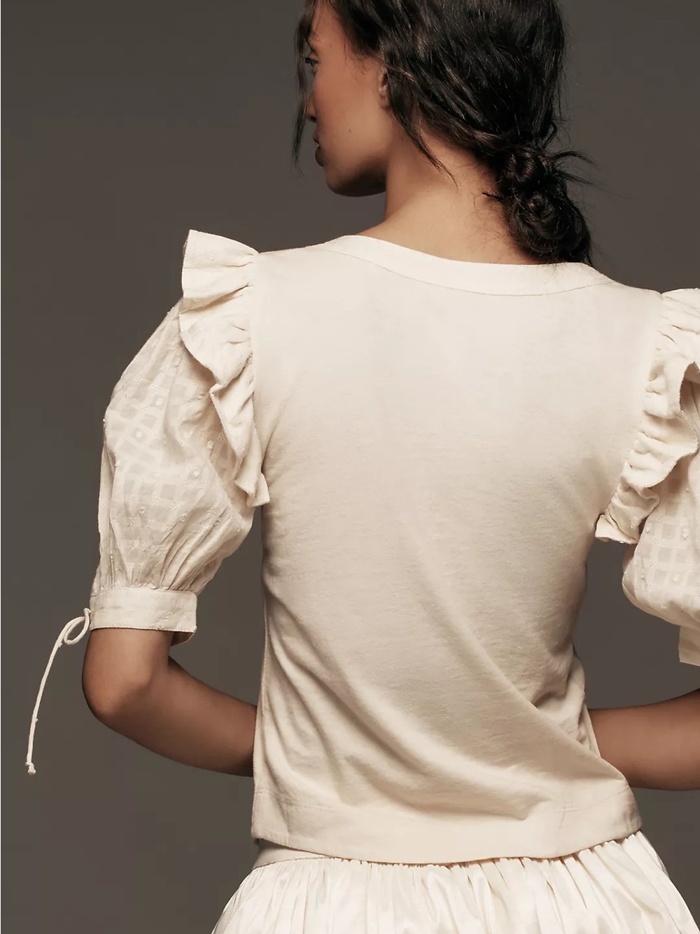 NWT Anthropologie Embroidered Puff-Sleeve Top XL Creme Eyelet Ruffle Henley - Picture 3 of 12